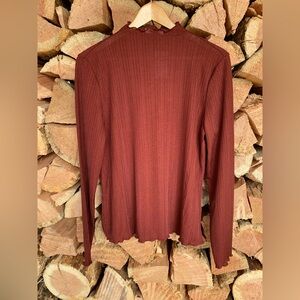 NEW Mock Neck Lettuce Collar Long Sleeve Copper Top Office Casual Business Twee